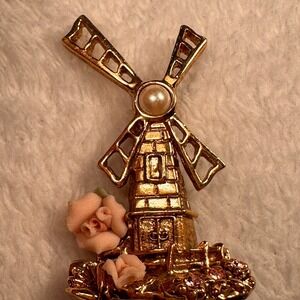 Vintage 1928 Windmill Standing Brooch Pin Faux Pearl Rhinestone Gold Tone Rare